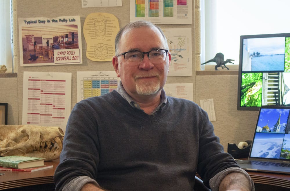 <p>Professor David Polly, chair of the Department of Earth and Atmospheric Sciences, is photographed in his office at IU on Jan. 31, 2022. Polly has been selected as an American Association for the Advancement of Science Fellow for his contributions in paleontology.</p>