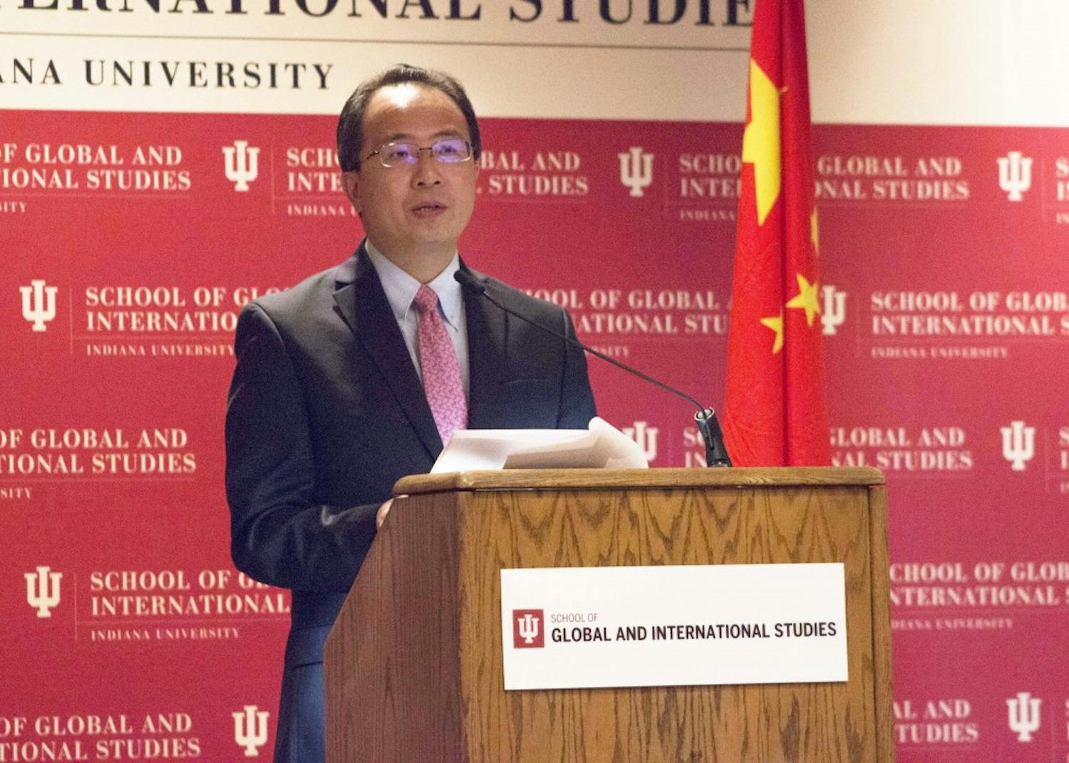 Hong Lei, the consul general of the People's Republic of China in Chicago, gives a speech on China's recent advances and the relationship between China and the United States on Monday afternoon in the IU Auditorium. Lei spent the day on IU's campus meeting with students and faculty.