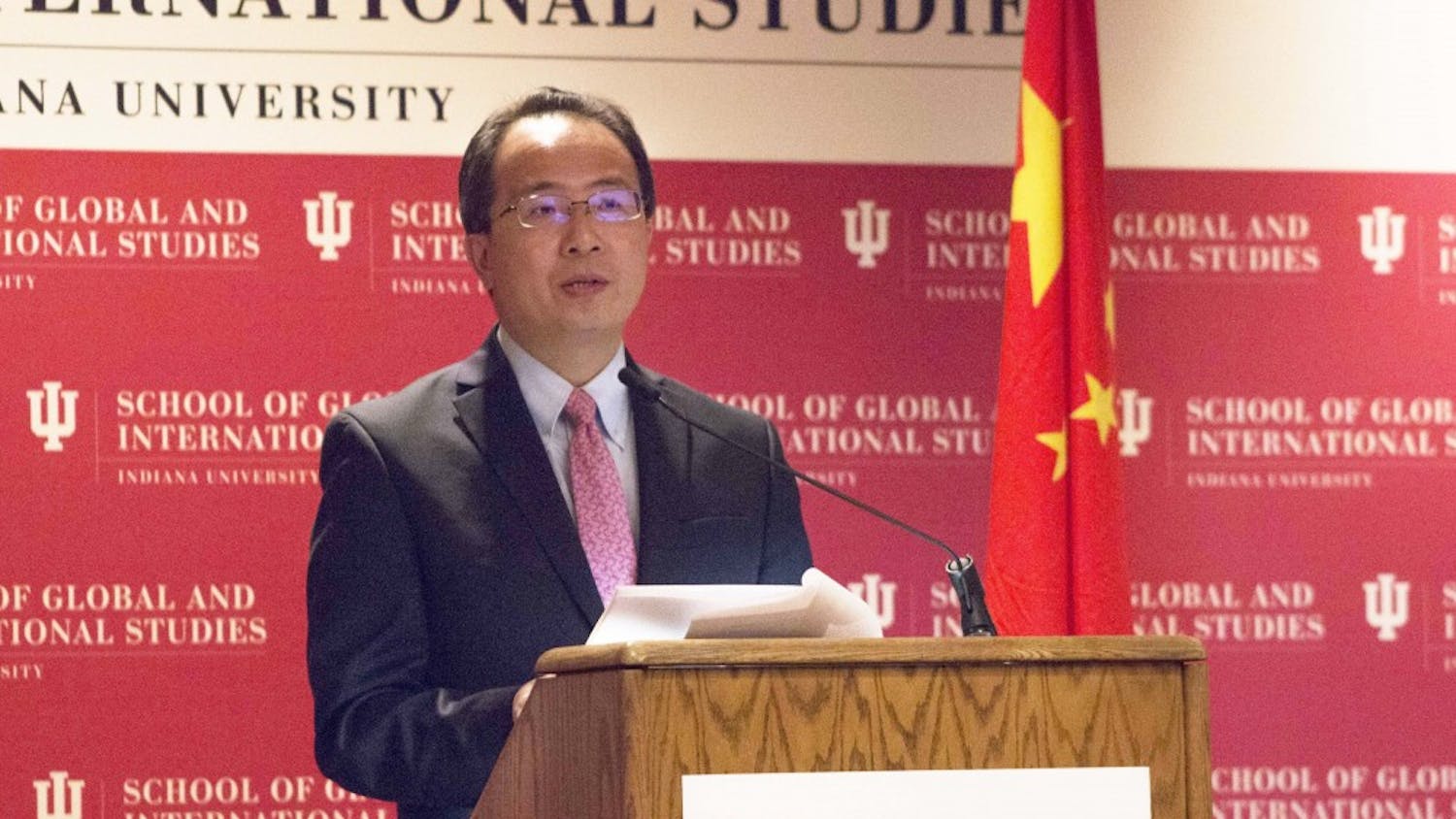 Hong Lei, the consul general of the People's Republic of China in Chicago, gives a speech on China's recent advances and the relationship between China and the United States on Monday afternoon in the IU Auditorium. Lei spent the day on IU's campus meeting with students and faculty.