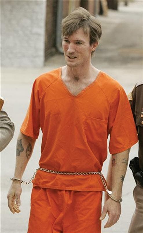 John R. Myers II of Ellettsville, Ind., enters the Morgan County Courthouse in Martinsville, Ind., Tuesday,  April 11, 2006.  A judge entered a not guilty plea Tuesday for Myers who was charged with the 2000 slaying of Bloomington cyclist Jill Behrman.   