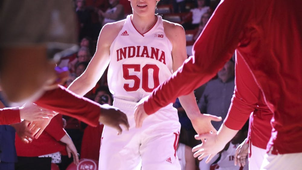 Junior forward Brenna Wise walks out Jan. 16 during introductions prior to the women’s basketball game between Indiana and Northwestern. IU lost to Northwestern 75-69.