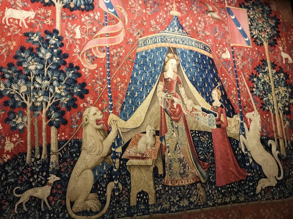 <p>A tapestry called, “The Lady and the Unicorn,” is displayed Jan. 28 along with text in French that says, “My sole desire.&quot; The tapestry is on display at the Musée de Cluny - Musée nationale du Moyen Âge, or the Cluny Museum - National Museum of the Middle Ages, in Paris.</p>