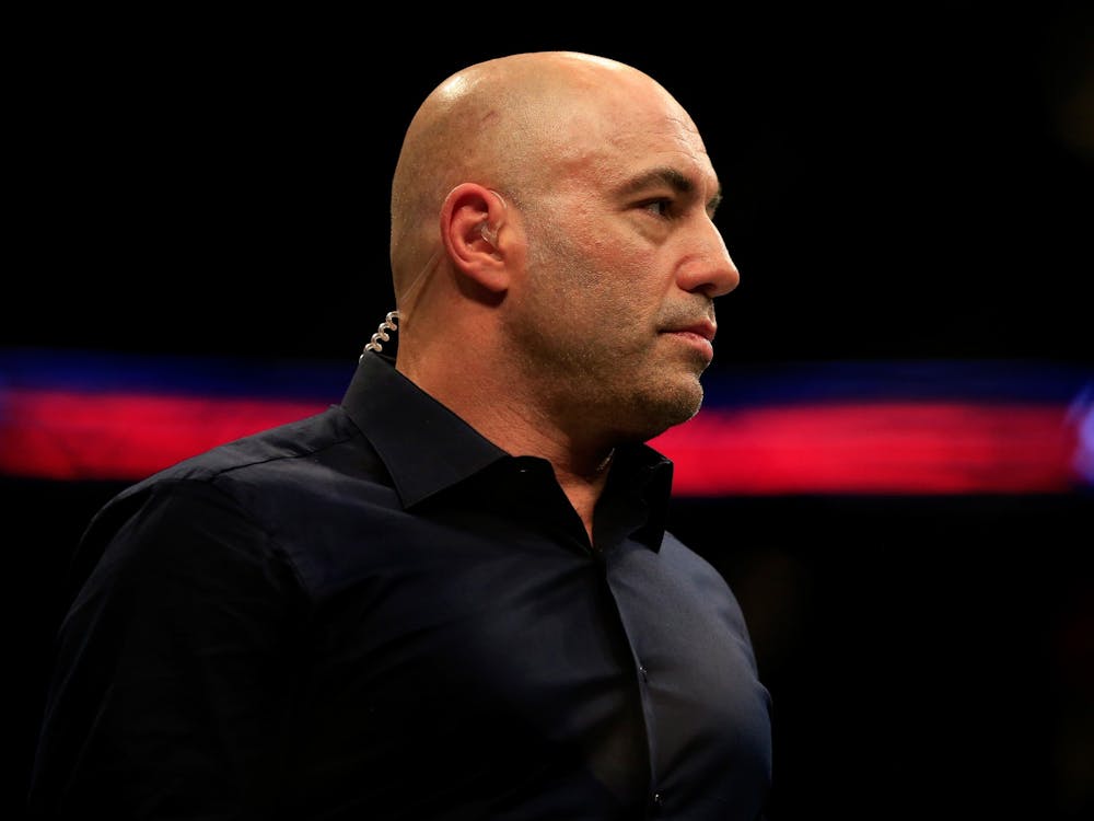 Commentator and podcaster Joe Rogan looks on during the UFC Fight Night event April 18, 2015, at Prudential Center in Newark, New Jersey. Rogan recently spread misinformation about a school putting out litter boxes for students who &quot;identified as animals&quot; in an episode of &quot;The Joe Rogan Experience.&quot;
