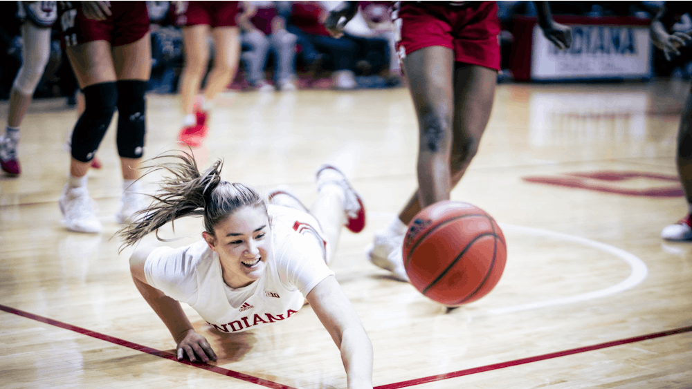 Freshman forward Lilly Meister dives after a ball Jan. 15, 2023 at Simon Skjodt Assembly Hall in Bloomington, Indiana. The Hoosiers travel to Urbana-Champaign to face Illinois on Wednesday.