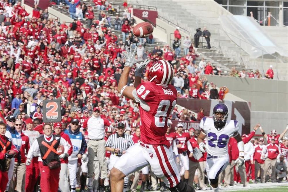 IU freshman wide receiver Tandon Doss makes a catch during the Homecoming game Saturday against Northwestern. Doss had 107 yards receiving in the 21-19 win.