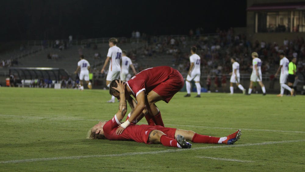 Junior forward Sam Sarver (left) and senior defender Joey Maher embrace after a goal against DePaul University on August 29, 2023, at Bill Armstrong Stadium in Bloomington. The Hoosiers defeated the Blue Demons 2-0.