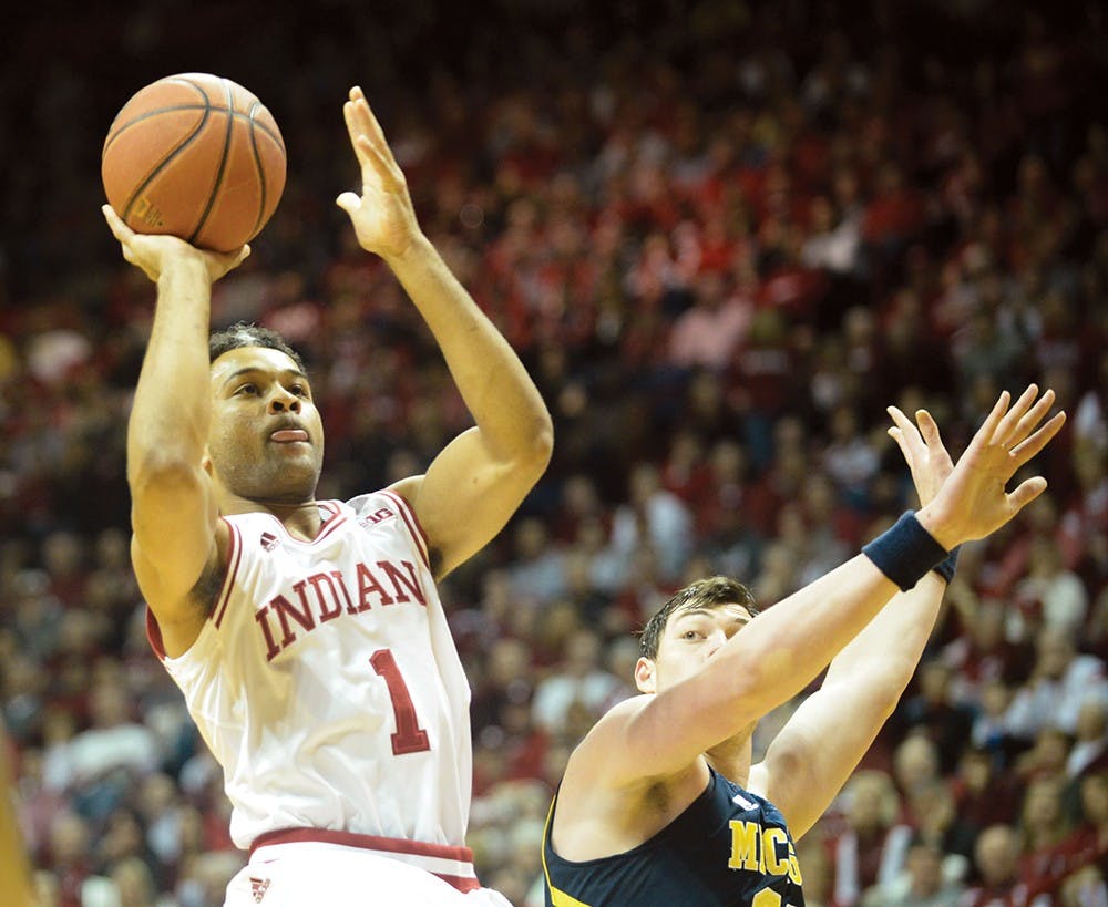 Freshman guard James Blackmon Jr. shoots during the game against Michigan on Sunday at Assembly Hall.