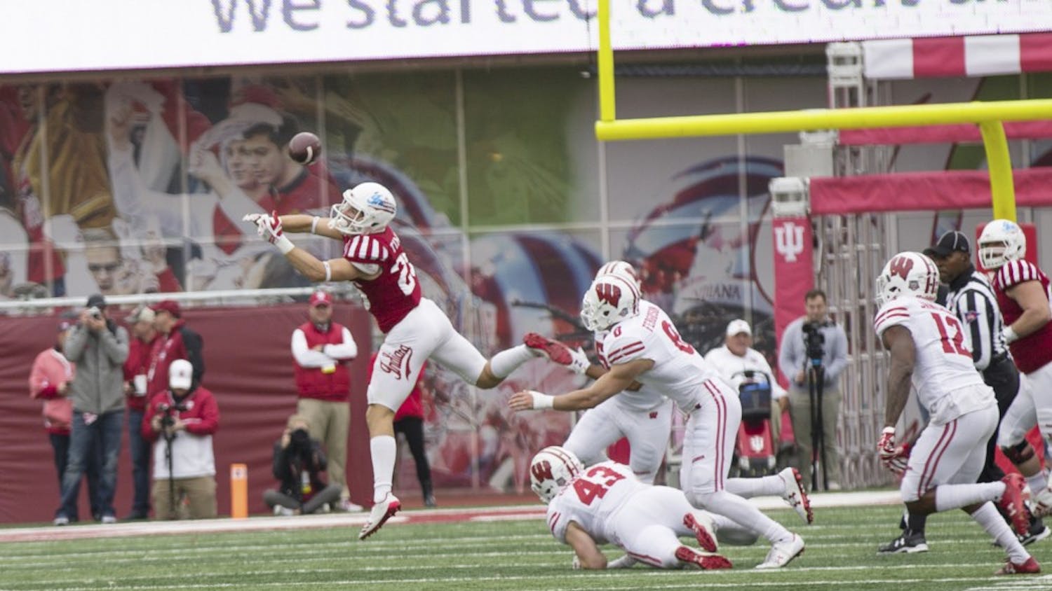 Junior wide receiver Luke Timian is unable to complete a catch at Memorial Stadium on Saturday against No. 9 Wisconsin. IU lost to Wisconsin 45-17 to drop to 3-6 overall, and 0-6 in Big Ten play this season.