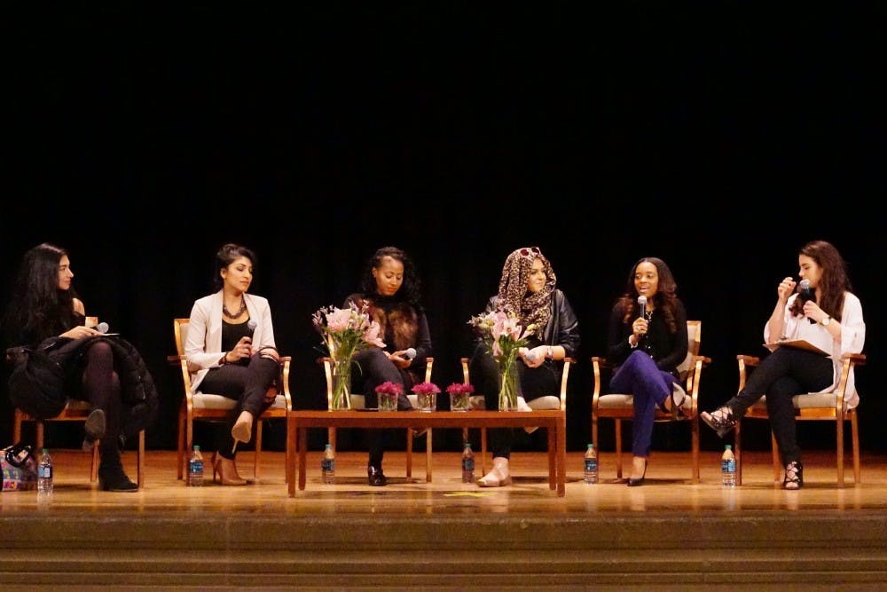 The Evolution of Revolution panel of powerful colored women take the stage and relate their experience with activism." Left to right: Shiza Shahid, Priya Shah, Jamira Burley, Amani Al-Khatahtbeh, Tamika D. Mallory, Dana Khabbaz