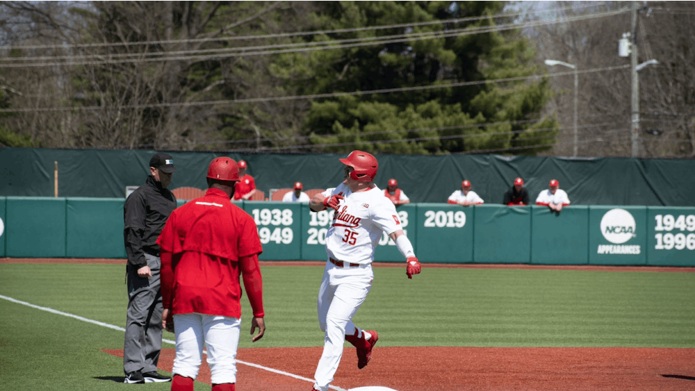 Redshirt senior designated hitter Matthew Ellis celebrates his home run ﻿on March 26, 2023, at Bart Kaufman Field in Bloomington. Ellis announced Friday via social media he is transferring to the Georgia Institute of Technology. 