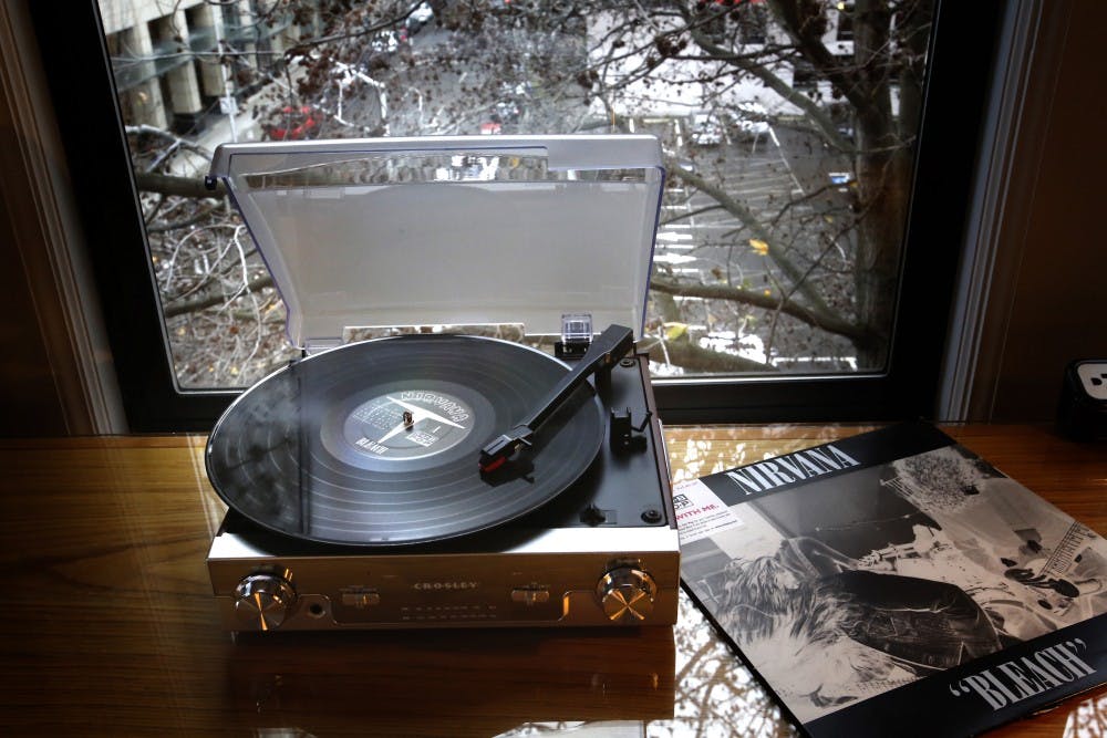 <p>A fifth-floor room in the Hotel Max at 620 Stewart St. in downtown Seattle, Wash. This corner suite has a working record player and a small selection of vinyl discus to play.</p>