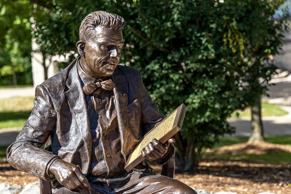 <p>A bronze sculpture of Alfred C. Kinsey is seen Sept. 27, 2022, outside Lindley Hall. Melanie Cooper Pennington, a lecturer of sculpture at the Eskenazi School of Art, Architecture and Design, was commissioned to make the sculpture for the 75th anniversary of the Kinsey Institute.</p>