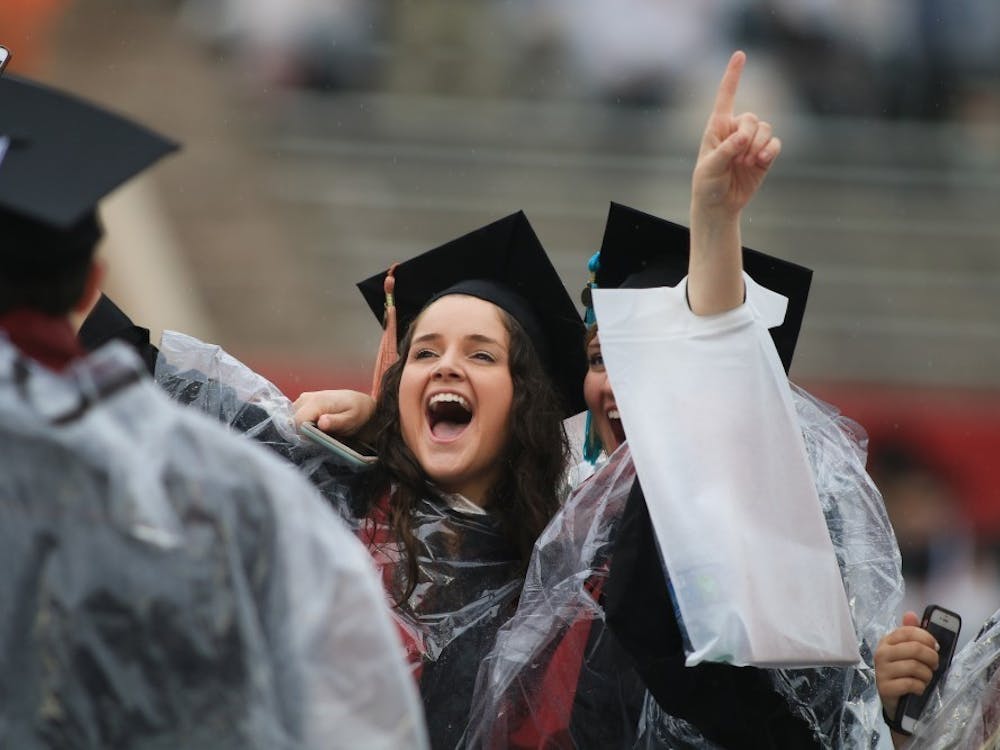 IU graduates shout to their families during the IU graduation ceremony May 4, 2019, at Memorial Stadium. Provost Lauren Robel will speak at the May 8 graduation ceremony.