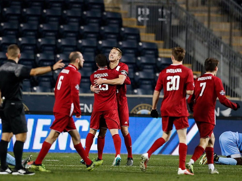 The Hoosiers celebrate after beating North Carolina 1-0 during the NCAA semifinal game on Dec. 8 at Talen Energy Stadium in Philadelphia. IU went on to suffer it's only loss of the year to Stanford in the National Title game 1-0.