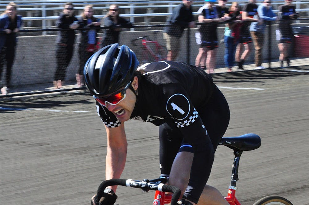 A Cutters rider speeding through the track at Bill Armstrong Stadium. 