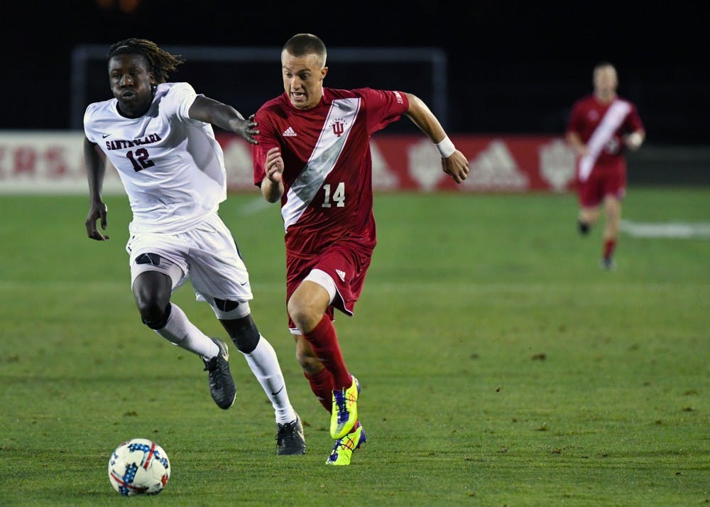 Then-freshman, now sophomore midfielder Griffin Dorsey dribbles the ball against Santa Clara last season at Bill Armstrong Stadium. Dorsey scored one of three of IU's goals Friday night against No. 22 Dartmouth.&nbsp;