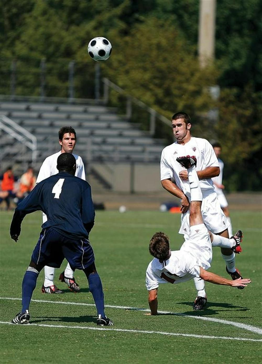 Junior midfielder Lee Hagedorn attempts a bicycle kick during the Hoosiers' 0-0 tie with Akron Sunday afternoon at Bill Armstrong Stadium. 