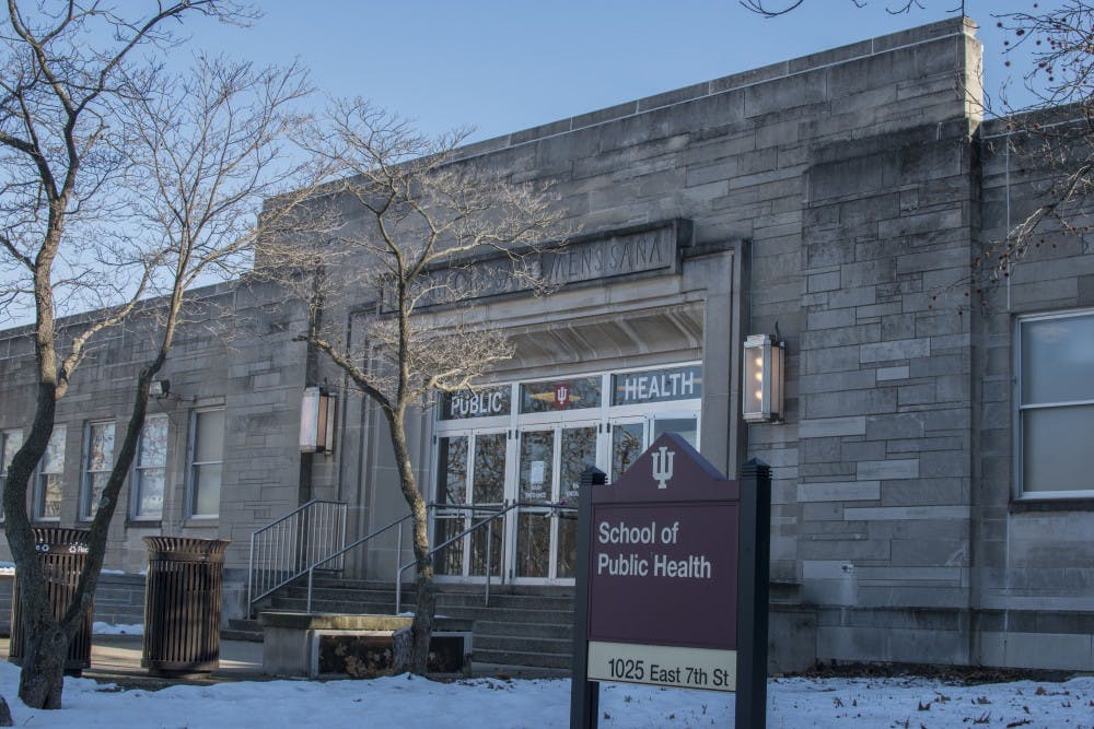 <p>Snow rests on the ground outside the IU School of Public Health. The School of Public Health is taking applicants for a new master of science in environmental and occupational health degree this year.&nbsp;</p>