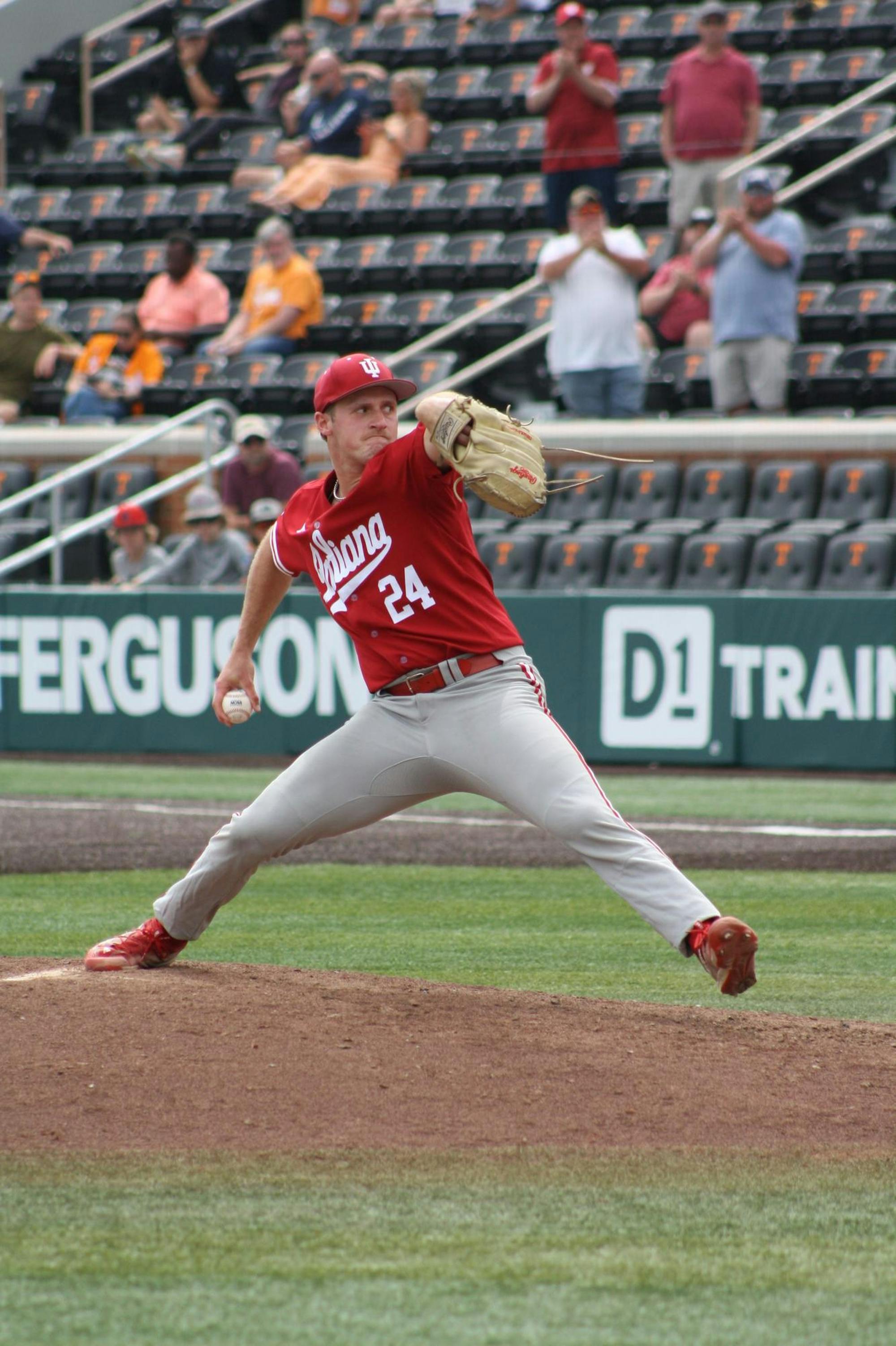 Indiana pitcher Drew Buhr delivers a pitch against the University of Southern Mississippi in the Knoxville Regional on May 31. Buhr pitched the final 3.1 innings in Indiana's 10-4 victory.