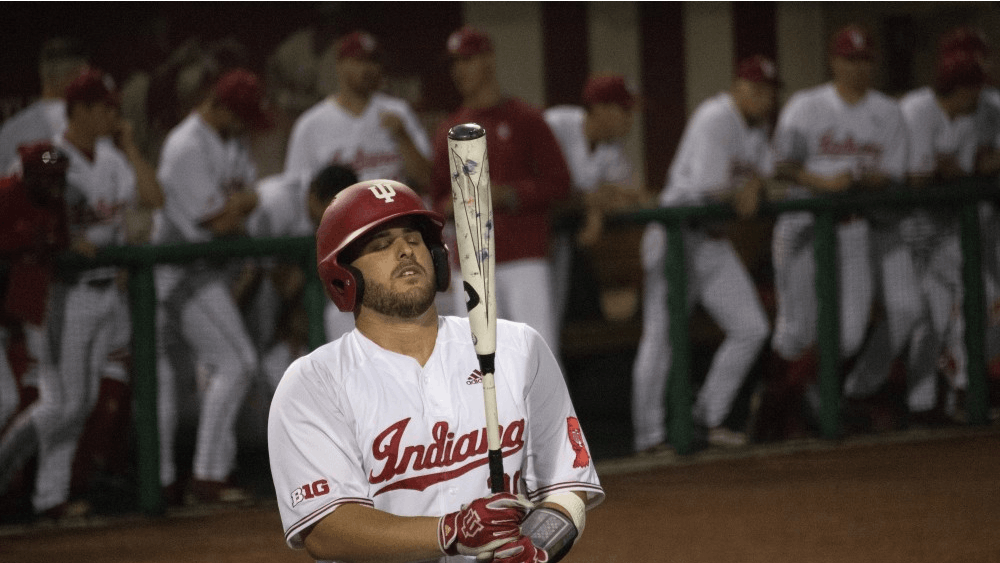 Senior catcher Ryan Fineman takes a deep breath before batting May 16, 2019, at Bart Kaufman Field. IU will compete in the South Alabama Tournament this weekend in Mobile, Alabama. 