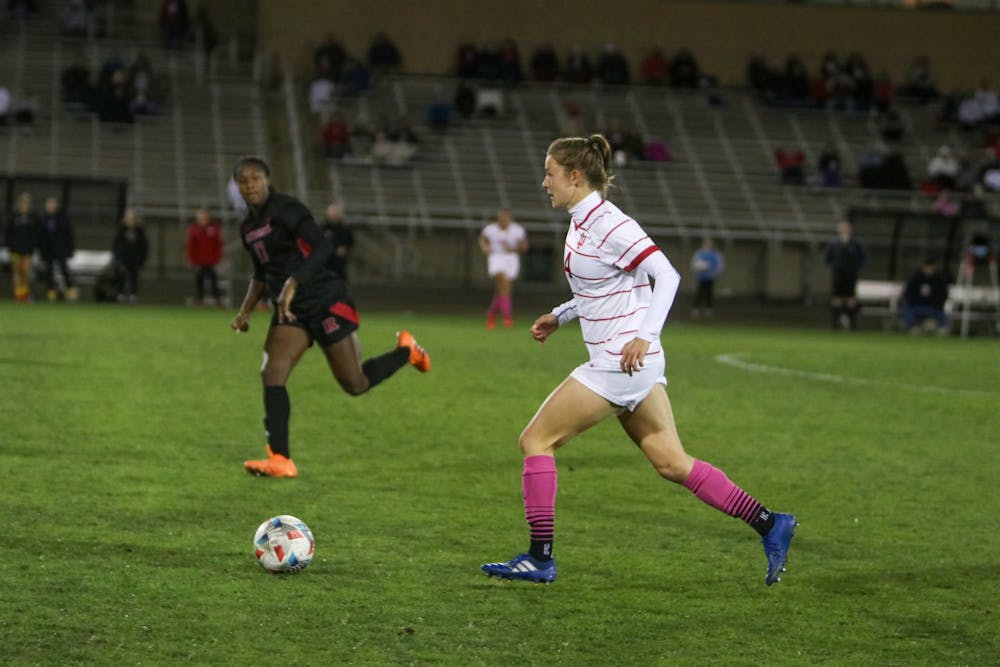 <p>IU sophomore defender Anna Aehling possesses the ball against Rutgers on Oct. 21, 2021, at Bill Armstrong Stadium. Aehling and junior midfielder Avery Lockwood were named to the third-team All-Big Ten on Thursday.</p>