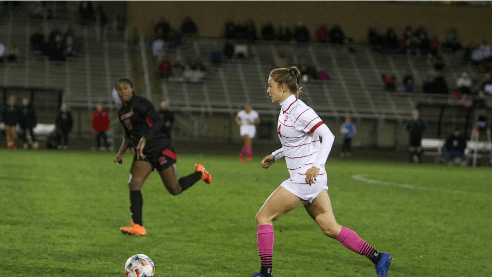 IU sophomore defender Anna Aehling possesses the ball against Rutgers on Oct. 21, 2021, at Bill Armstrong Stadium. Aehling and junior midfielder Avery Lockwood were named to the third-team All-Big Ten on Thursday.