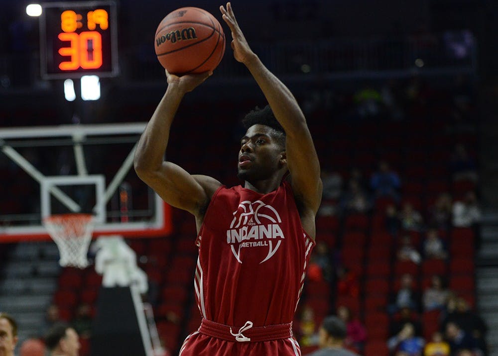 Sophomore guard Robert Johnson shoots a 2-pointer during practice Wednesday before the Hoosiers face Chattanooga at the Wells Fargo Arena in Des Moines, Iowa.