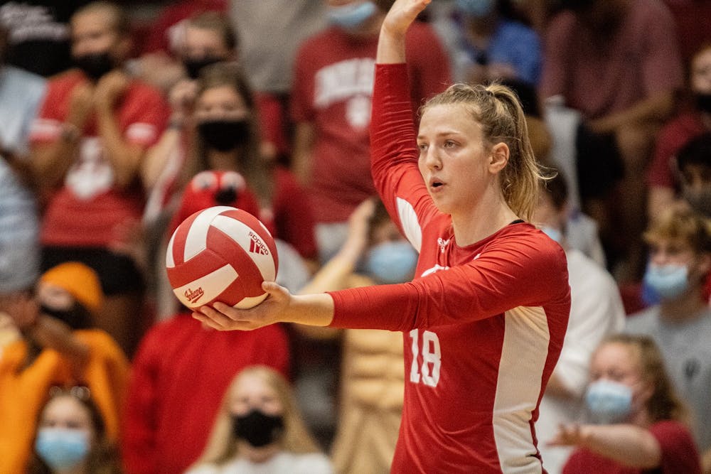 <p>Then-Junior Kaley Rammelsberg prepares to serve during the IU volleyball’s Cream vs. Crimson Scrimmage on Aug. 21, 2021, at Wilkinson Hall. The Hoosiers face No. 4 Nebraska in Lincoln on Wednesday.</p>