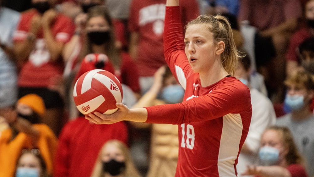 Then-Junior Kaley Rammelsberg prepares to serve during the IU volleyball’s Cream vs. Crimson Scrimmage on Aug. 21, 2021, at Wilkinson Hall. The Hoosiers face No. 4 Nebraska in Lincoln on Wednesday.