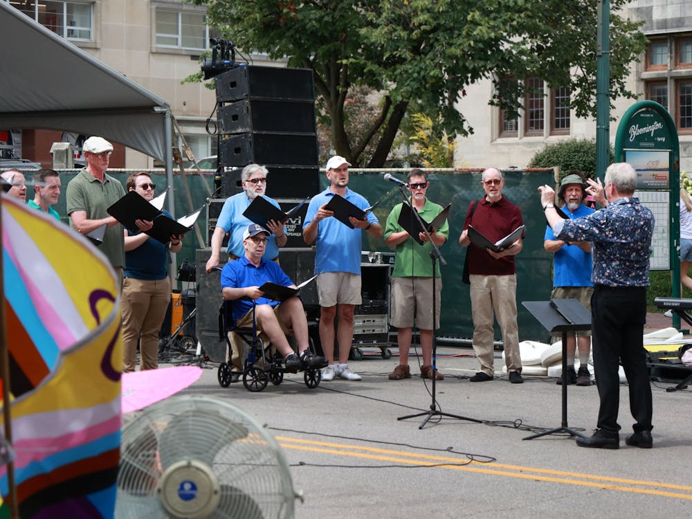 Quarryland Men&#x27;s Chorus is seen performing at the Bloomington Pridefest on Saturday, Aug. 26, 2023, on Kirkwood Avenue. The group is a local singing group made up of gay, bisexual and allied men from the community. 