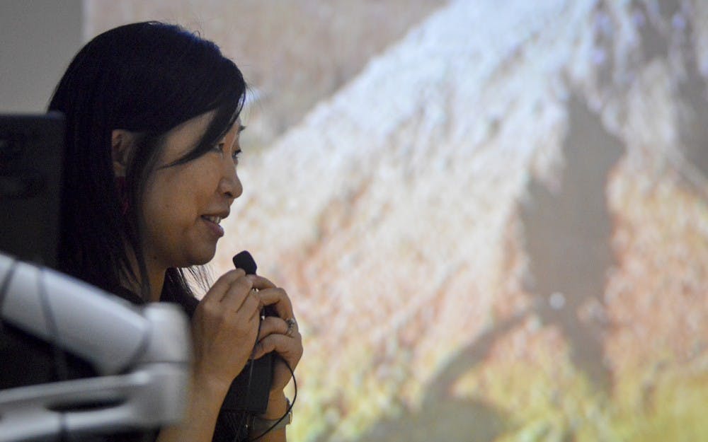 World renowned artist Beili Liu discusses her life in China and showcases her organic art style during her presentation Wednesday evening in the School of Fine Arts. Liu’s presentation is in preparation of the launch of her exhibit “After All (Mending the Sky)” in Grunwald Gallery this Friday.