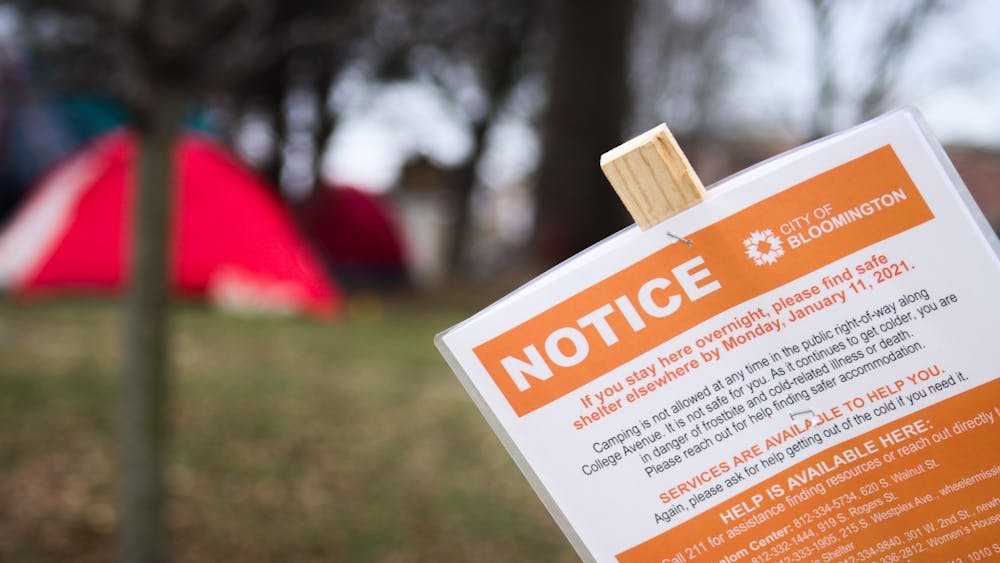 A notice banning people from staying in shelters at Seminary Park appears on Jan. 10 at 100 W. 2nd St. Those using Seminary Park as a place to stay overnight are expected to move to a new location by Jan. 11.&nbsp;