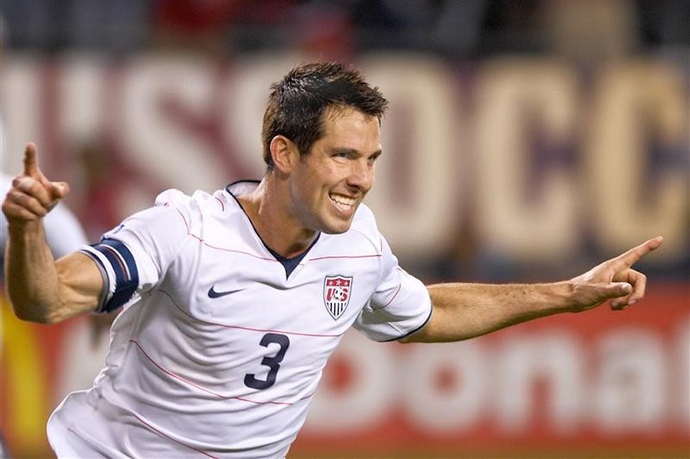 Carlos Bocanegra celebrates after scoring the game-winning goal in the 68th minute to lead the U.S. to a 2-1 victory against Honduras on June 6th at Soldier Field in Chicago, Ill.