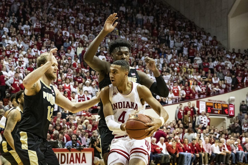 <p>Then-freshman forward Trayce Jackson-Davis drives the ball to the basket in the second half against Purdue on Feb. 8, 2020, in Simon Skjodt Assembly Hall. Men&#x27;s basketball will play Purdue at 7 p.m. Thursday in Simon Skjodt Assembly Hall.</p>