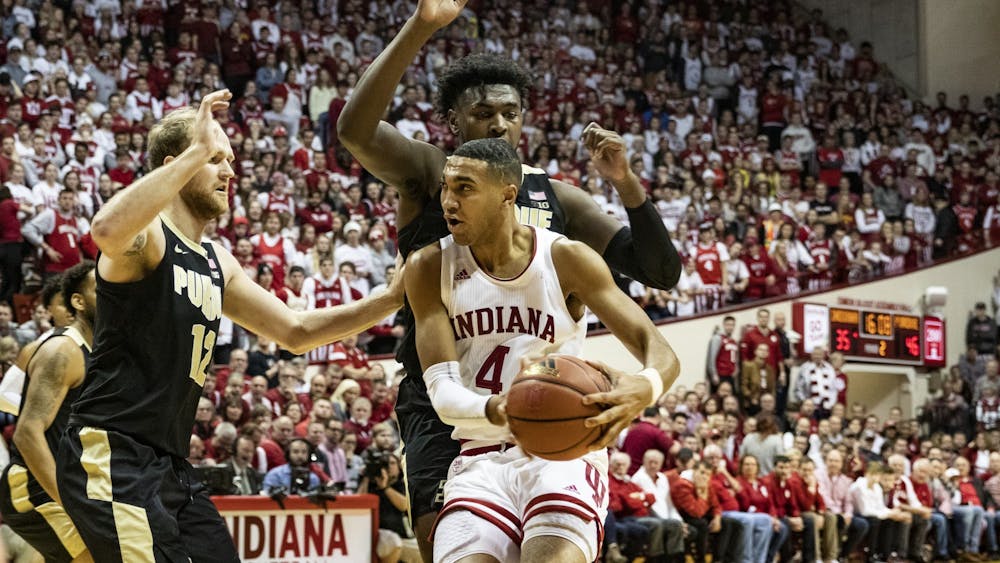 Then-freshman forward Trayce Jackson-Davis drives the ball to the basket in the second half against Purdue on Feb. 8, 2020, in Simon Skjodt Assembly Hall. Men&#x27;s basketball will play Purdue at 7 p.m. Thursday in Simon Skjodt Assembly Hall.