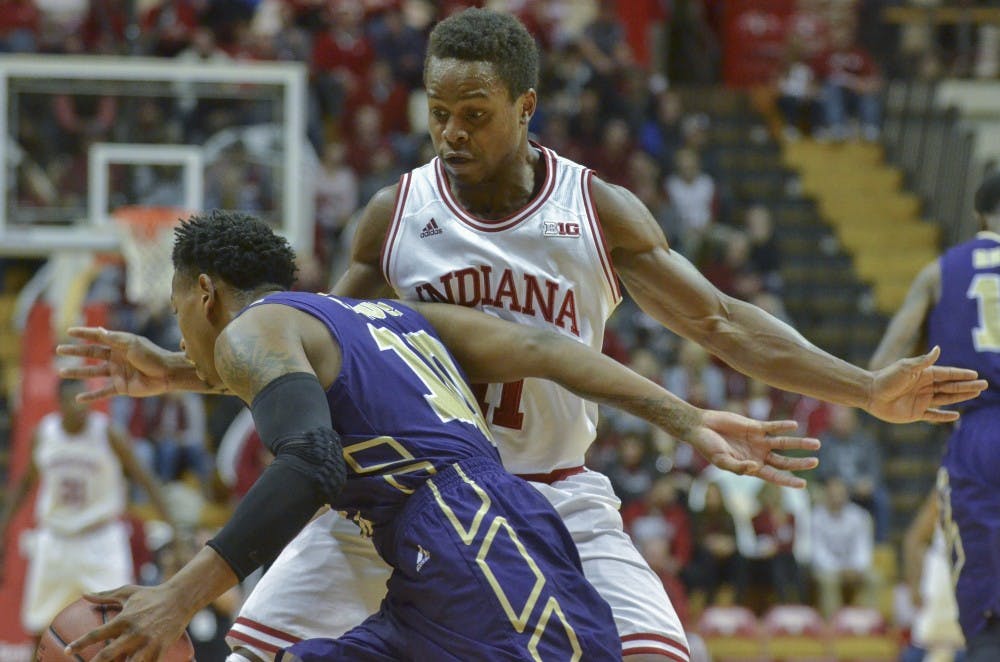 Senior guard Kevin “Yogi” Ferrell stops an Alcorn State guard from dribbling to center court Monday at Assembly Hall. The Hoosiers won 112-70.