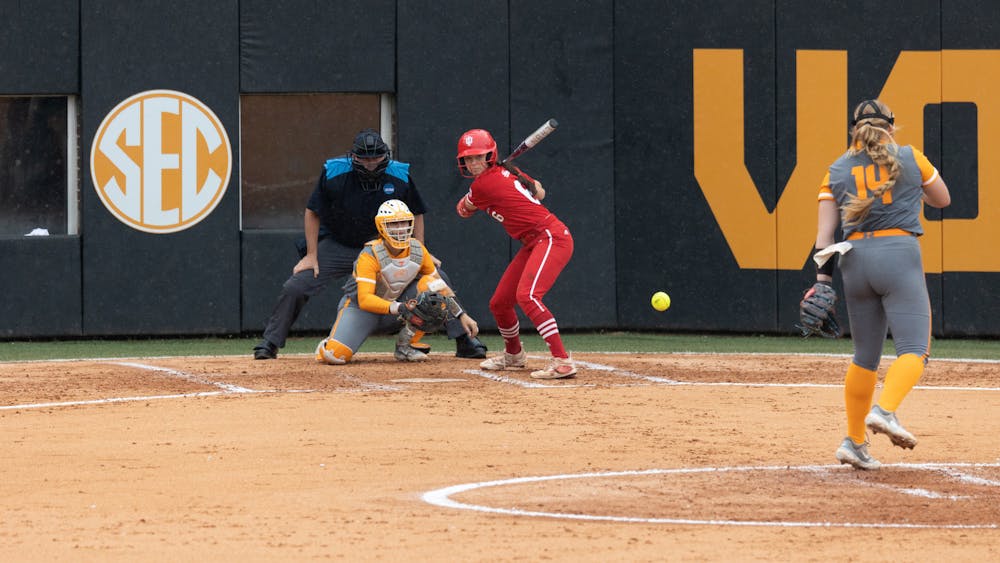 University of Tennessee starting pitcher graduate Ashley Rogers throws a pitch to Indiana junior infielder Brooke Benson Saturday, May 20. Indiana was run-ruled 9-1. 