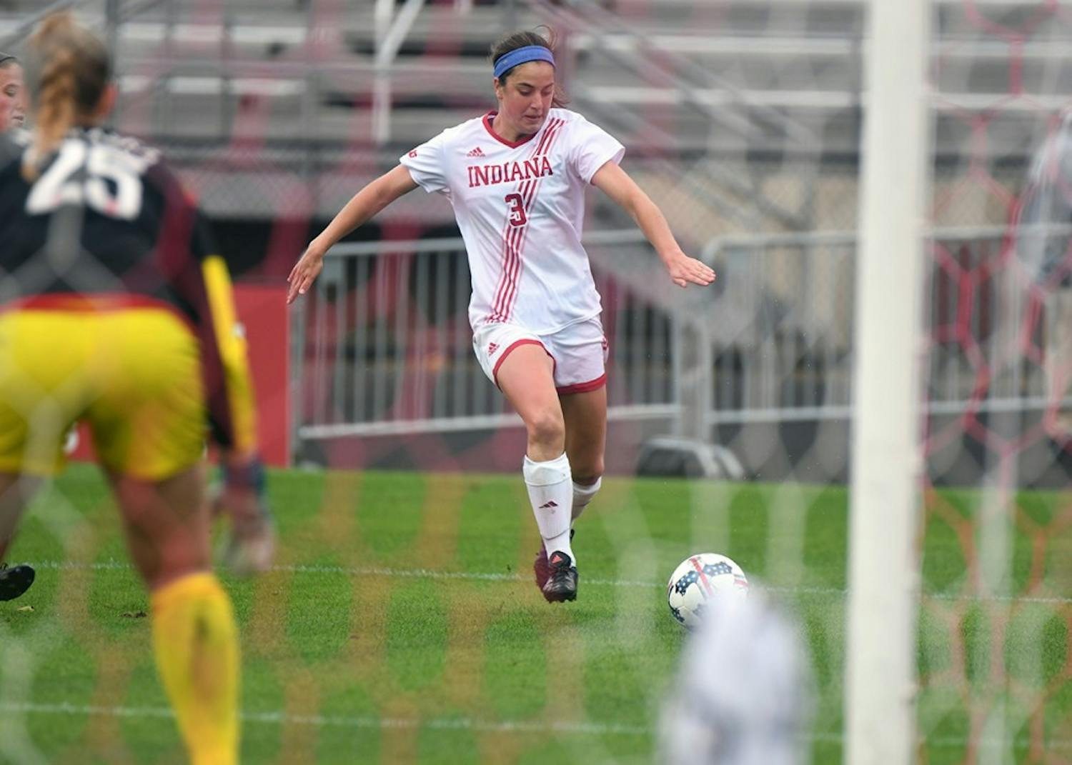 Then-junior forward Abby Allen dribbles the ball against Nebraska on Oct. 15, 2017, at Bill Armstrong Stadium. Allen and the Hoosiers lost to Nebraska and Iowa this weekend to fall to 2-2 in the conference.&nbsp;