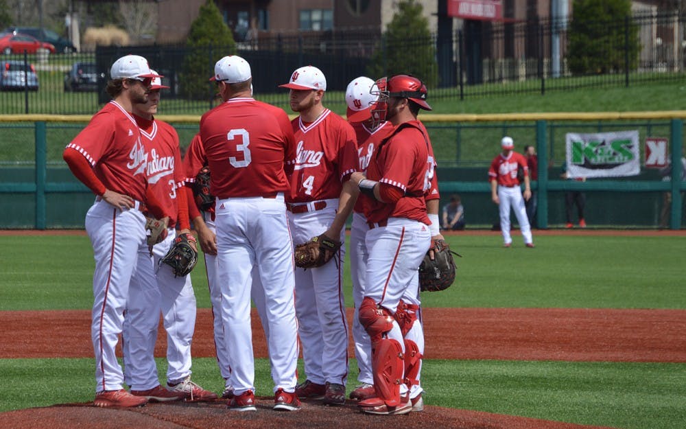 Time out on the mound for the Hoosiers during game three of their series against Nebraska. IU went 0-2-1 in the series.&nbsp;