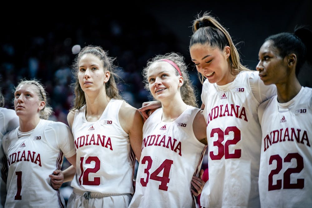 <p>Senior guard Grace Berger smiles at the crowd Feb. 19, 2023 at Simon Skjodt Assembly Hall in Bloomington, Indiana. Berger was one of four Indiana women&#x27;s basketball players to recieve Big Ten honors Tuesday.</p>