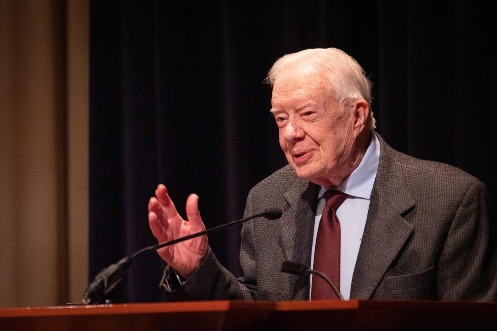 Former President Jimmy Carter fell Monday at his home in Plains and suffered a "minor pelvic fracture," the Carter Center tweeted Tuesday morning.