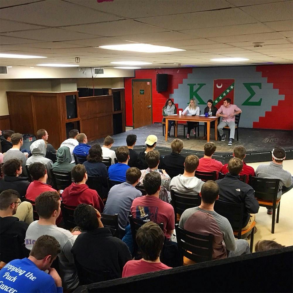 Sara Dobbins, Madi Lee, Jordan Smith and Alec Raich speaking with Kappa Sigma in March.