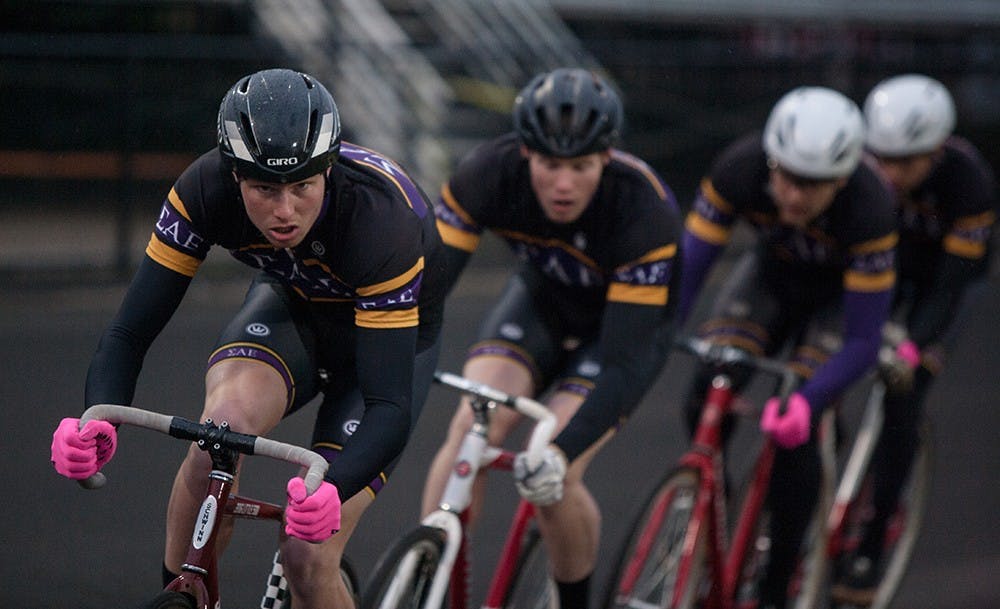 Sigma Alpha Epsilon riders compete during Team Pursuit on Sunday at Bill Armtrong Stadium. Team Pursuit is an event where teams of four ride 15 laps around the track as fast as they can. SAE came in second with a time of 9:32.65.