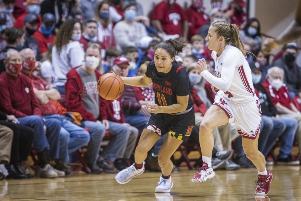 <p>Indiana Graduate guard Nicole Cardaño-Hillary plays defense against Maryland graduate guard Katie Benzan on Jan. 2nd, 2022, at Simon Skjodt Assembly Hall. Indiana beat Maryland 70-63 in overtime. </p>