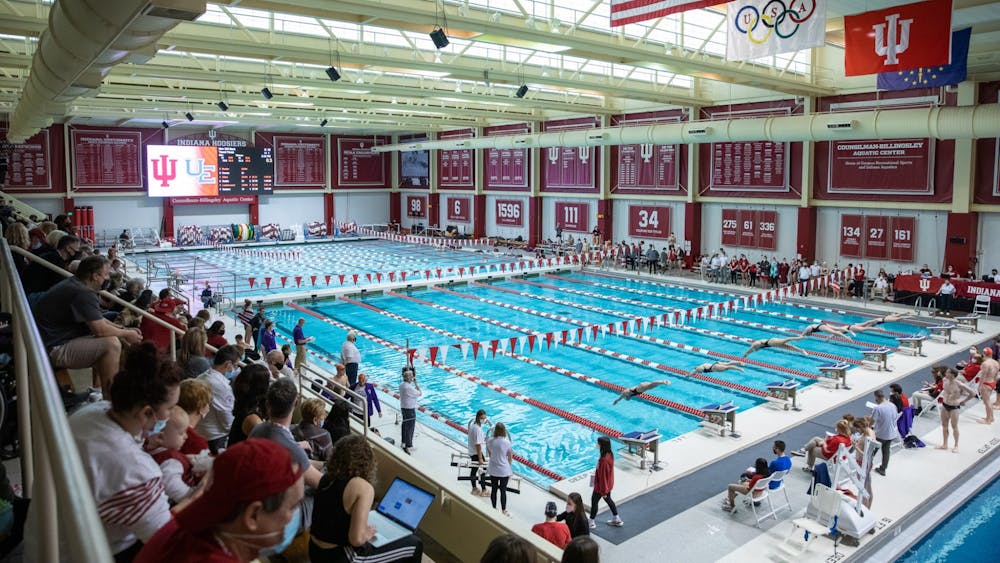 Indiana&#x27;s swim and dive meet against the University of Evansville on Jan. 28, 2022, at the Counsilman Billingsley Aquatic Center is pictured. Saturday&#x27;s meet at Purdue begins at 10 a.m.