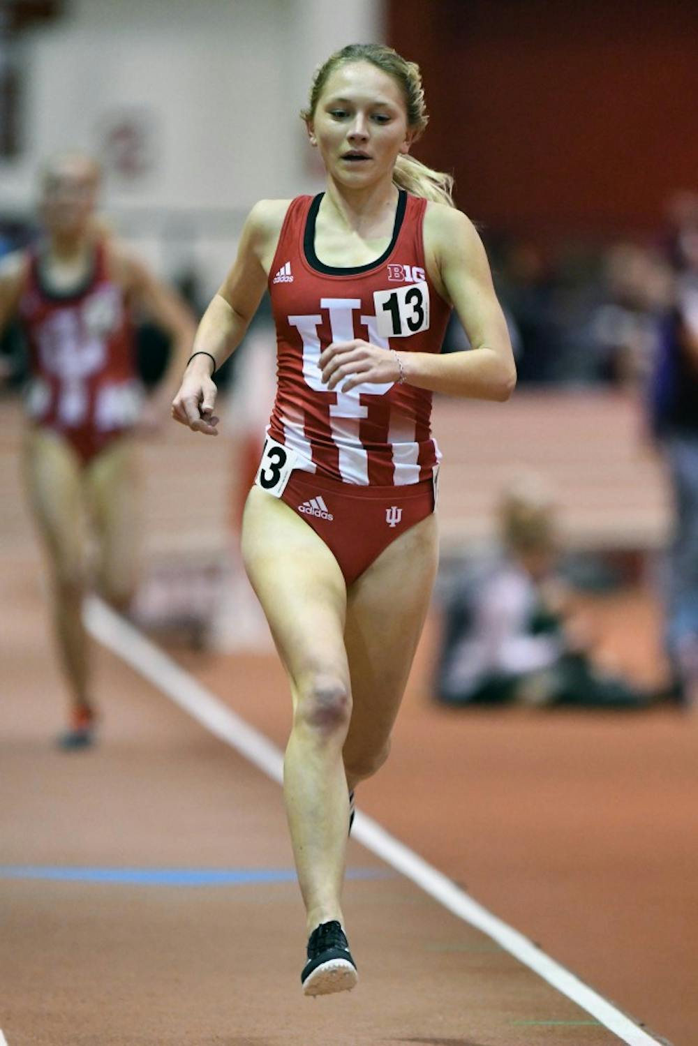Junior Katherine Receveur races the 3,000-meter at the Gladstein Invitational. Receveur finished first in the event with a time of 9:18.47. She and the Hoosiers broke event and school records at the Penn Relays this past weekend.&nbsp;