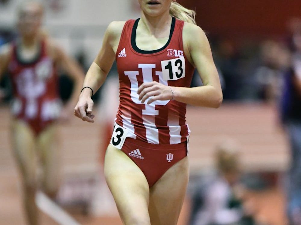 Junior Katherine Receveur races the 3,000-meter at the Gladstein Invitational. Receveur finished first in the event with a time of 9:18.47. She and the Hoosiers broke event and school records at the Penn Relays this past weekend.&nbsp;