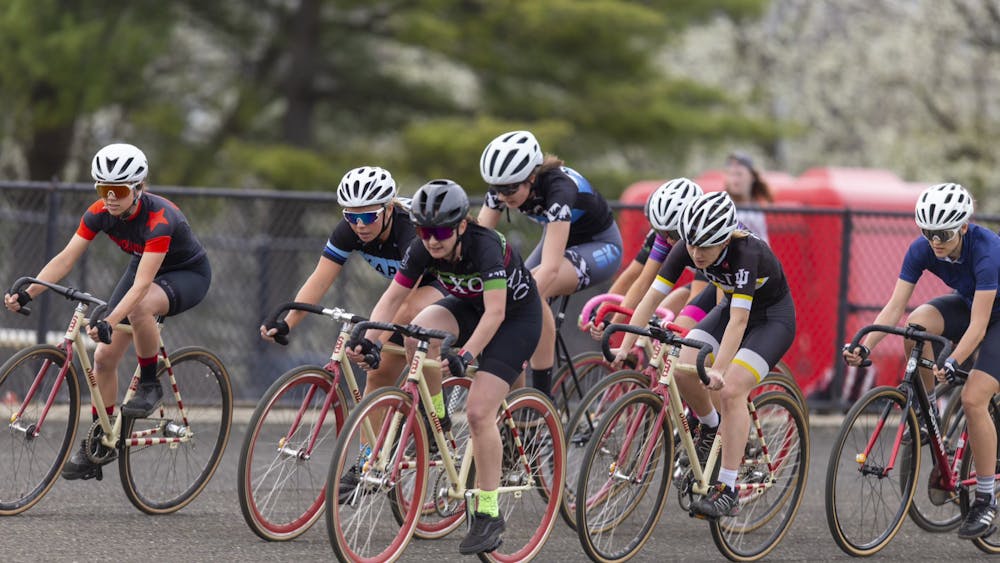 The female teams are pictured taking a lap during Media Day Ap﻿ril 4, 2023, at Bill Armstrong Stadium. The women&#x27;s Little 500 will take place Friday, April 21.