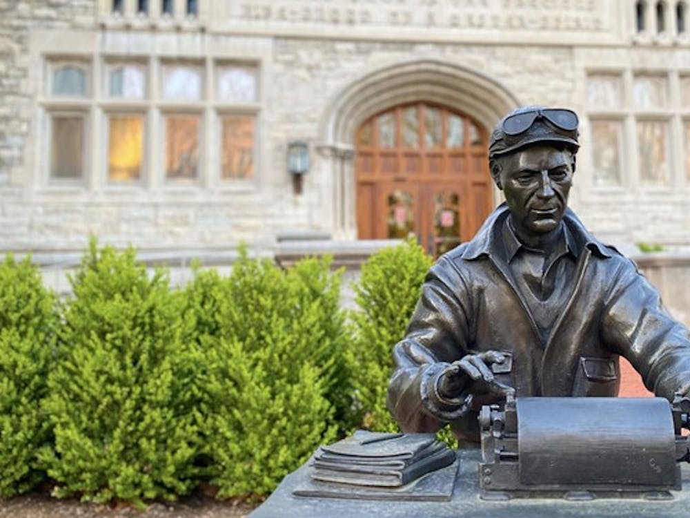 Statue of prolific journalist Ernie Pyle outside of Indiana University’s Media School, Franklin Hall. The Indiana Daily Student was granted 20 awards on March 20 from the Associated Collegiate Press and the College Media Business and Advertising Managers’ annual events.