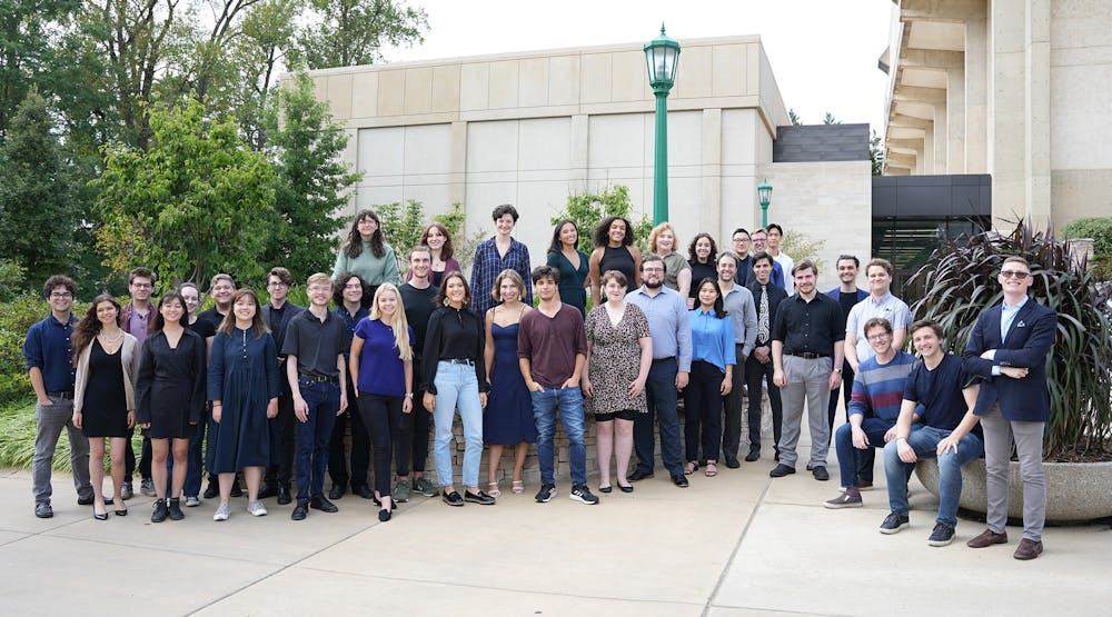 <p>Members of IU&#x27;s vocal ensemble group, NOTUS, are seen standing outside for a group photo. NOTUS is the only university-based group in the United States that exclusively studies and performs choral arrangements written after 1900.</p>